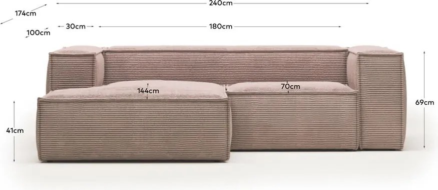 Világos rózsaszín kordbársony sarokkanapé (bal oldali) Blok – Kave Home