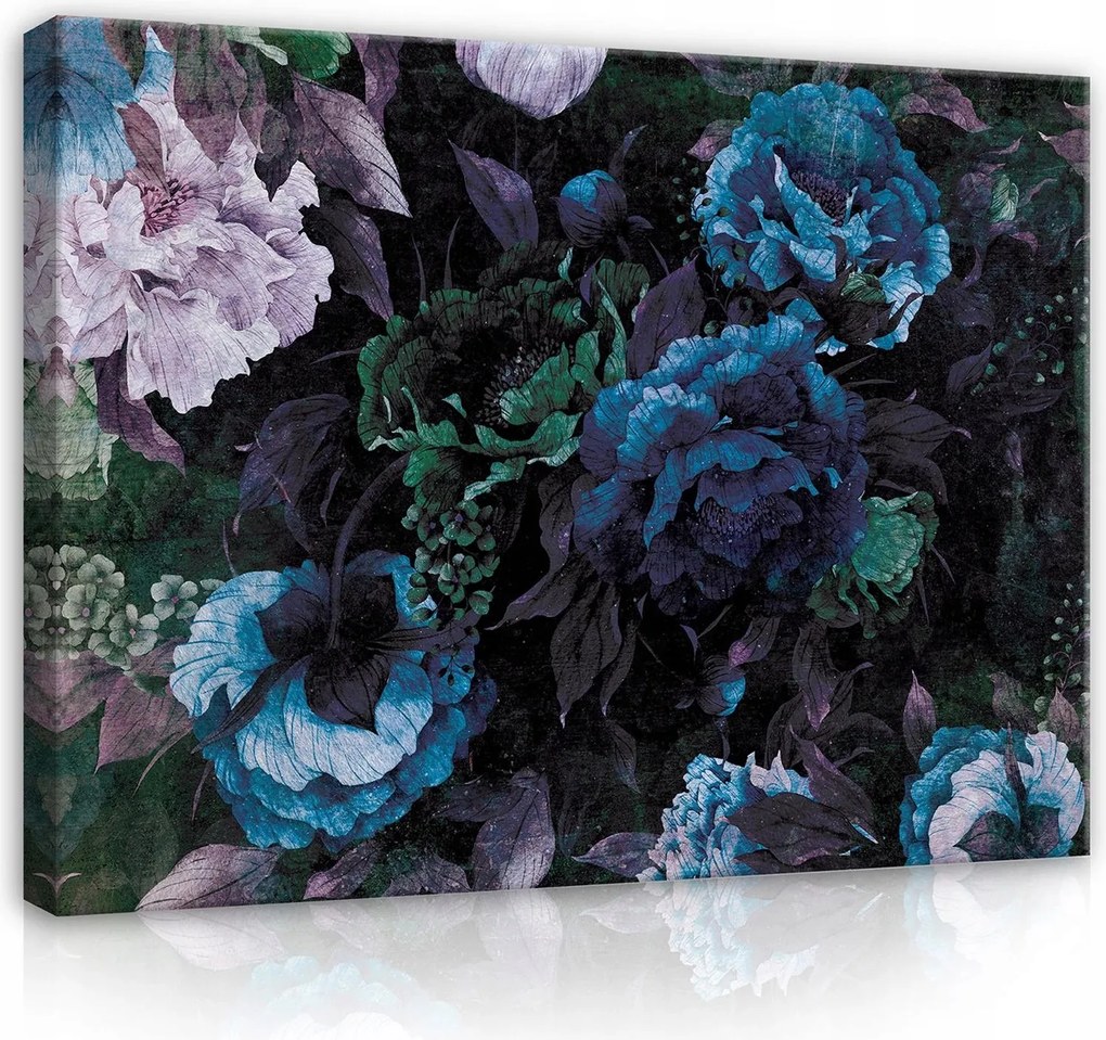 Vászonkép falikép zöld kék virágok sötét 100 x 75