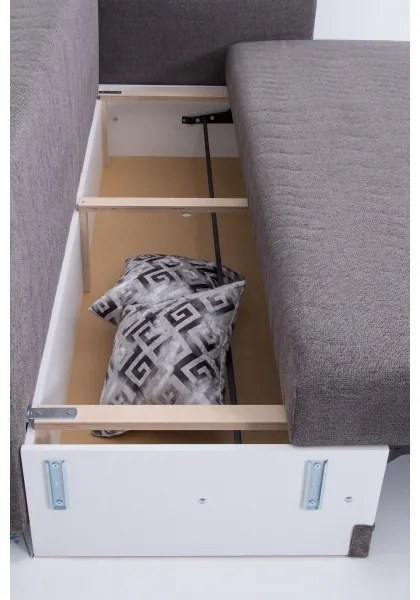 PAUL kárpitozott, háromszemélyes, kihúzható kanapé mindennapi alváshoz, karfás, szürke