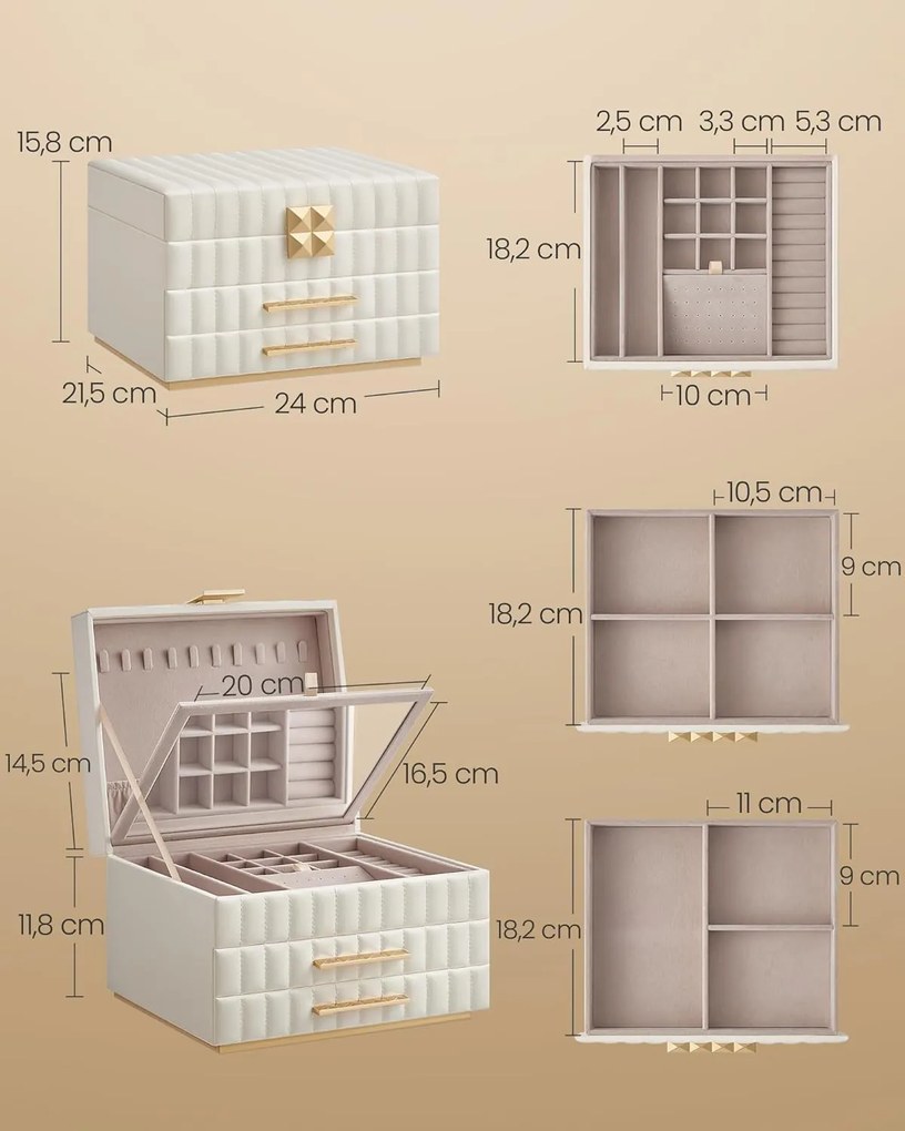 3 szintes ékszerdoboz tükörrel, ékszertartó 2 fiókkal, felhőfehér