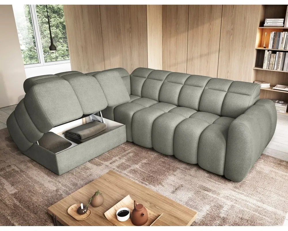 Szürkészöld buklé kinyitható-tárolóhelyes sarokkanapé (bal oldali-L alakú) Falconn – ELTAP