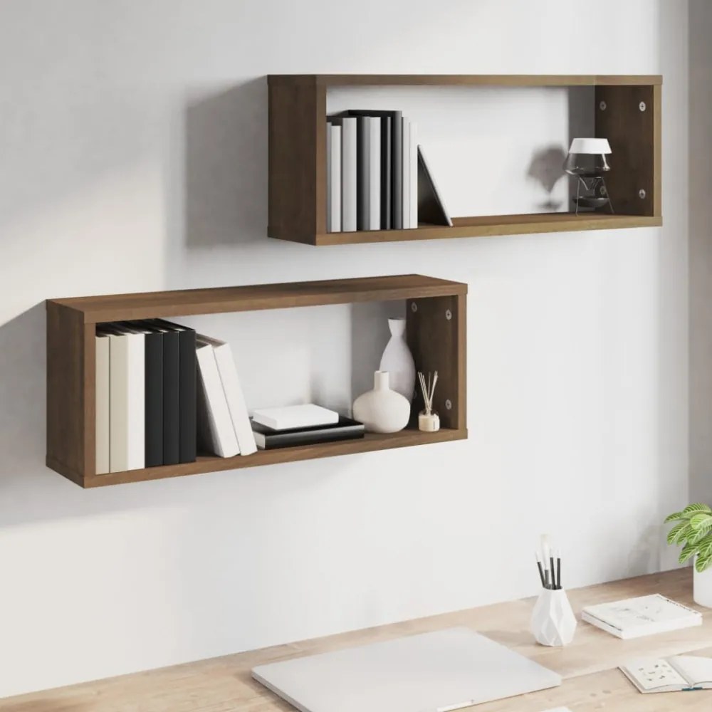 2 db barna tölgy színű szerelt fa fali kockapolc 60x15x23 cm