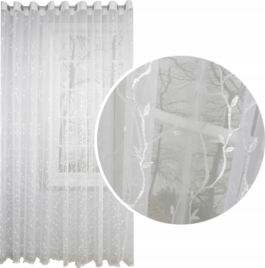 Függöny Fehér Napellenző fehér hímzett levelek 300x250