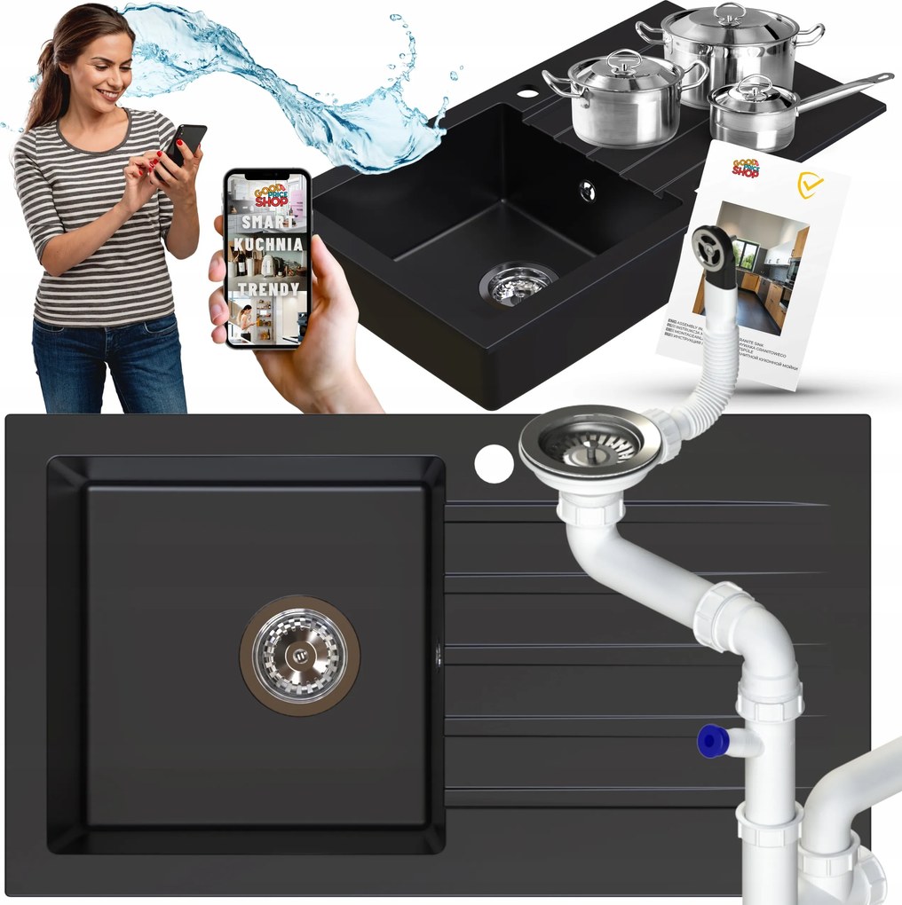 Egymedencés Gránit Mosogató Hosszú Csepegtetővel Fekete +szifon Króm