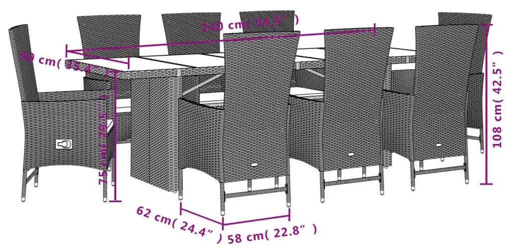 9 részes bézs polyrattan kerti étkezőgarnitúra párnákkal