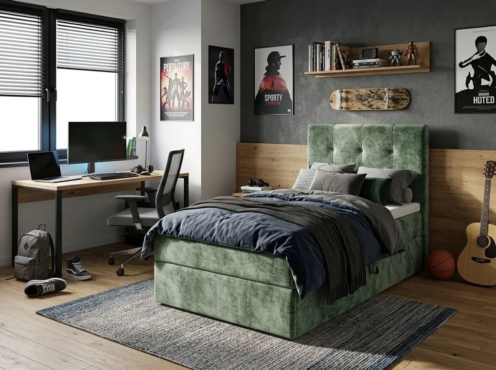Kárpitozott boxspring ágy DIRELIS VIBE 90x200 cm sötétzöld Matrac: Bonell rugós matrac