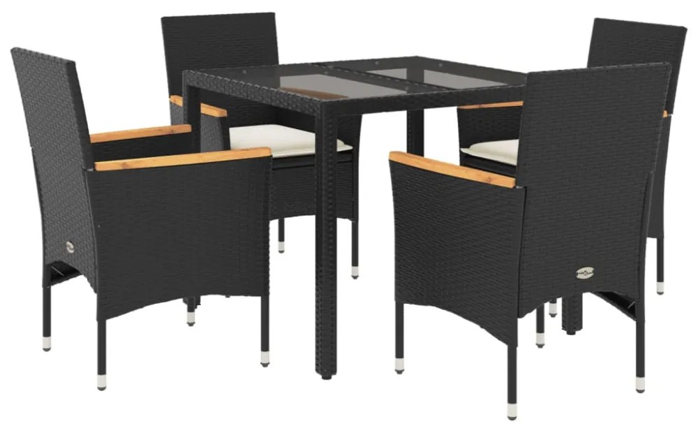 vidaXL 5 részes fekete polyrattan/üveg kerti étkezőgarnitúra párnákkal