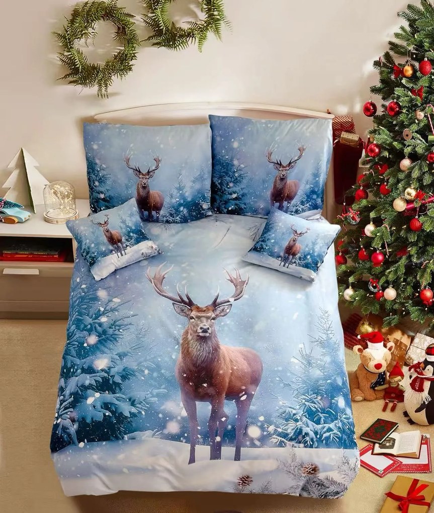 3D pamut ágynemű SNOWY DEER kék + párnahuzat 40x50 cm ingyenesen Ágyneműhuzat mérete: 70 x 90 cm | 140 x 200 cm