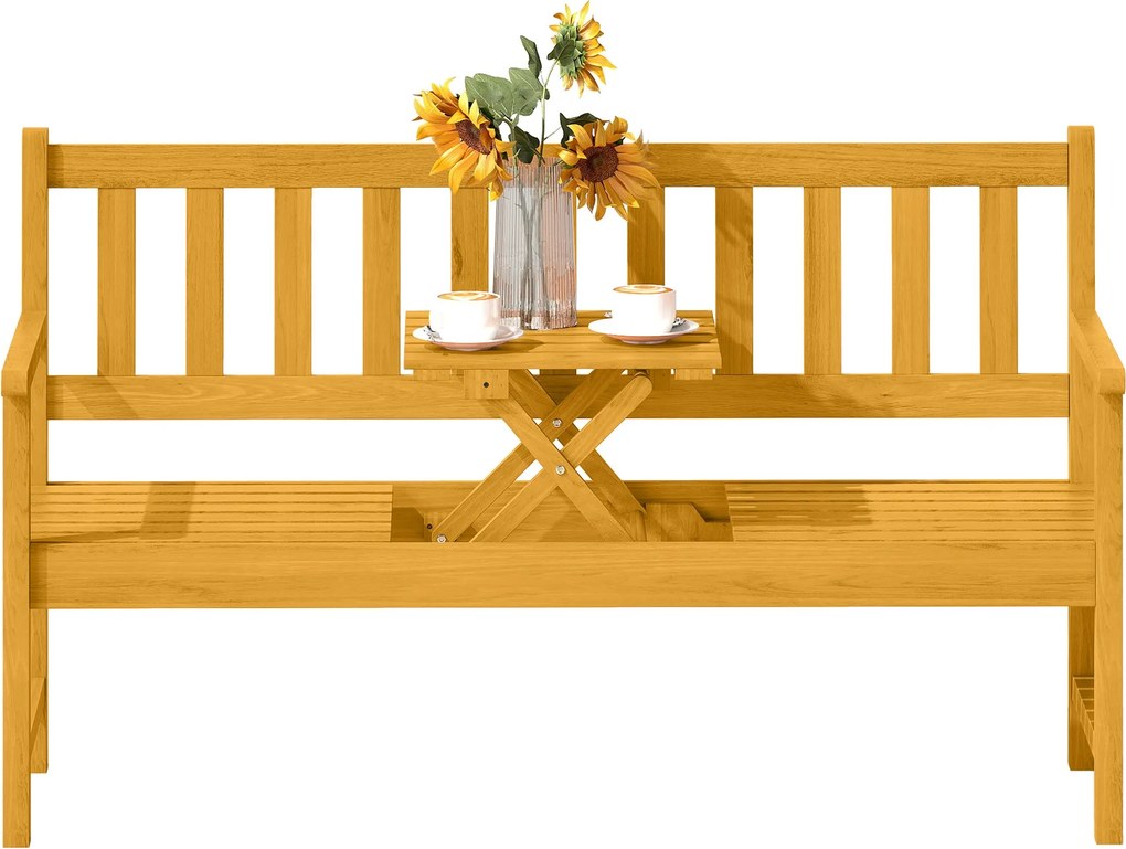 Outsunny 2-Fős Fa Kerti Pad, Időjárásálló Pad, Kerti Bútor Hátfallal és Karfákkal, Hajtható Asztalú Park Pad 320kg Teherbírással, Balkon Pad, Fa Pad E