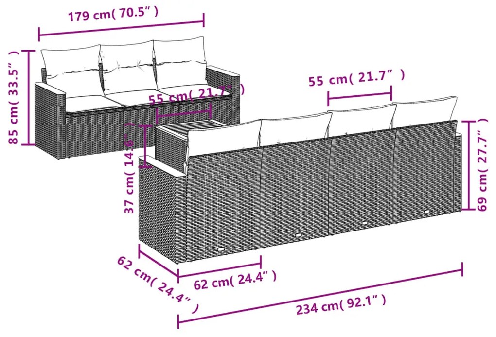 8 részes fekete polyrattan kerti ülőgarnitúra párnákkal