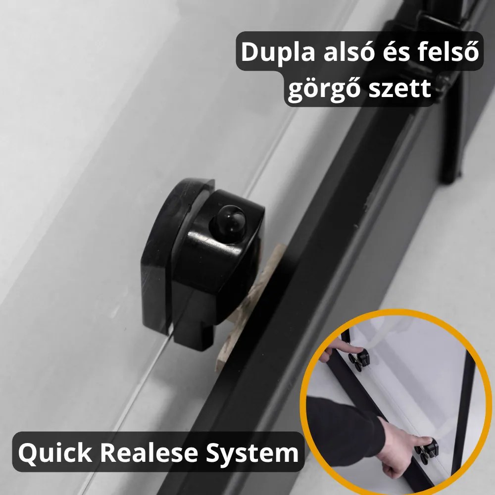 Stuxi Sydney Black 150 cm széles két tolóajtós zuhanyajtó 6 mm vastag vízlepergető biztonsági üveggel, fekete elemekkel, 200 cm magas