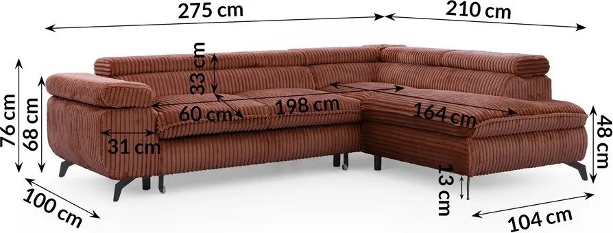 Terrakotta színű kordbársony sarokkanapé (jobb oldali-L alakú) Marbeya – Ropez