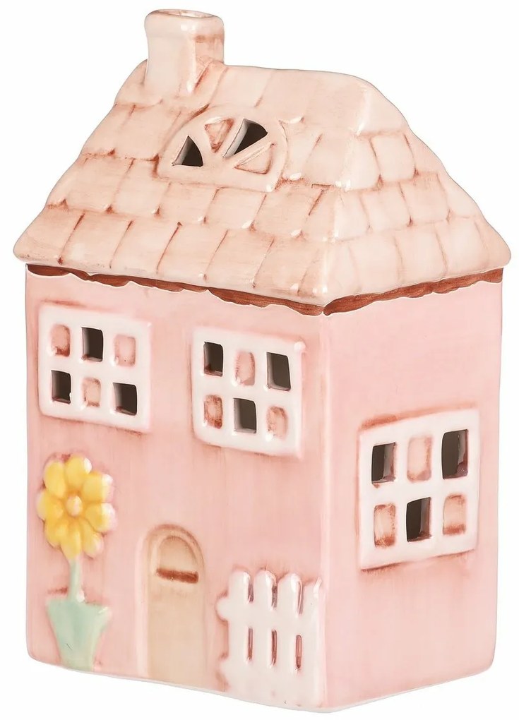 Kerámia házikó LED-del, 12 x 9 x 18 cm, tavasz,rózsaszín