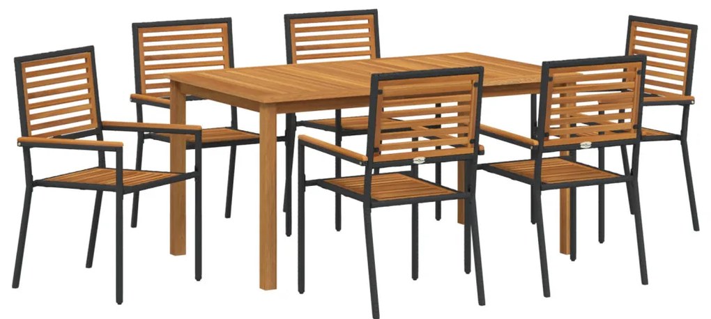 7 részes kert étkező szett fekete polyrattan akáciával, Stackelhető kerti székek párnákkal 2 db fekete polyrattan