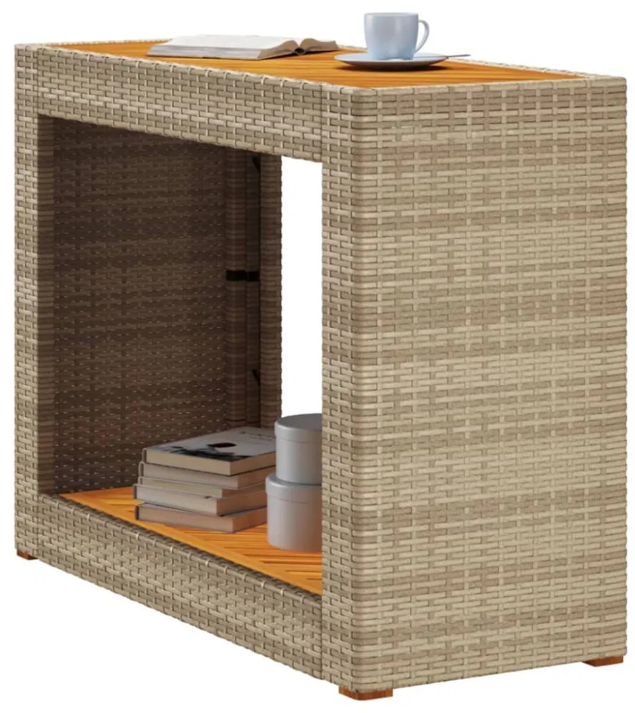 bézs polyrattan kerti kisasztal fa asztallappal 100x40x75 cm