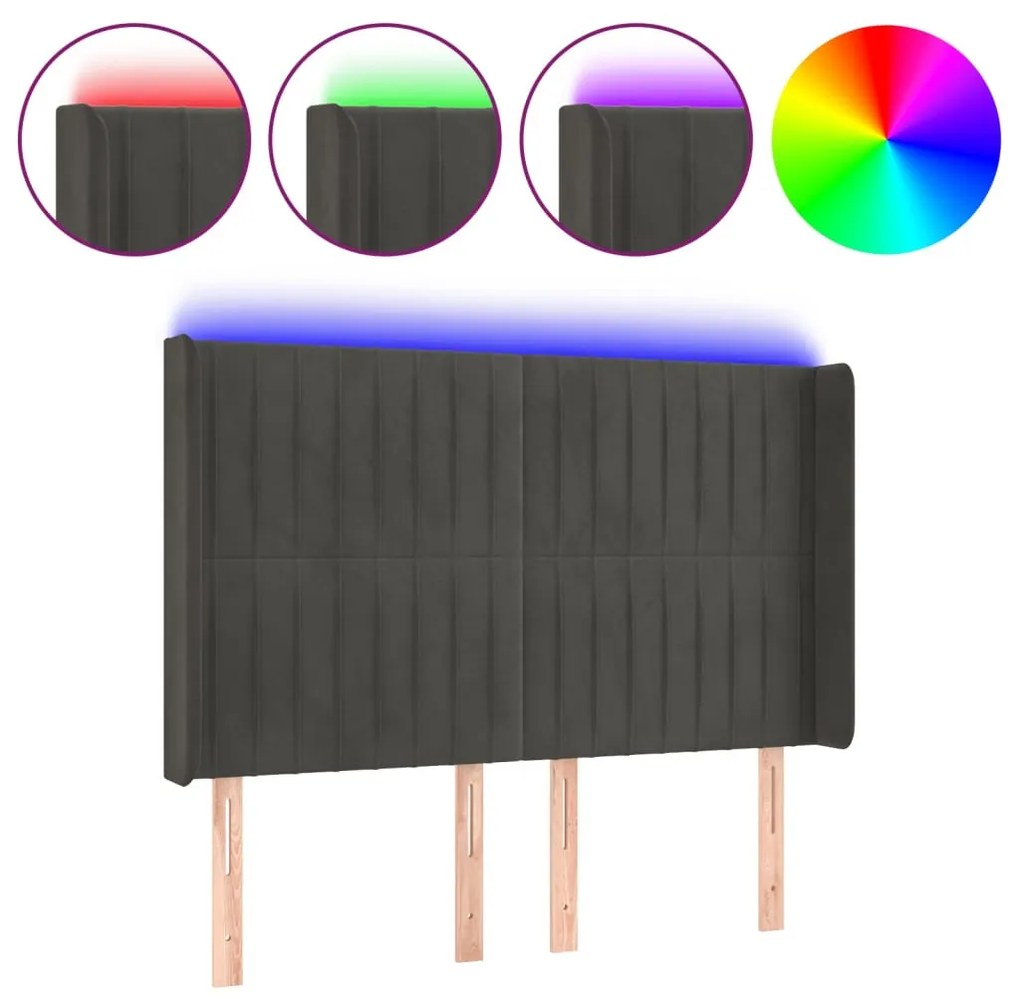 sötétszürke bársony LED-es fejtámla 147x16x118/128 cm