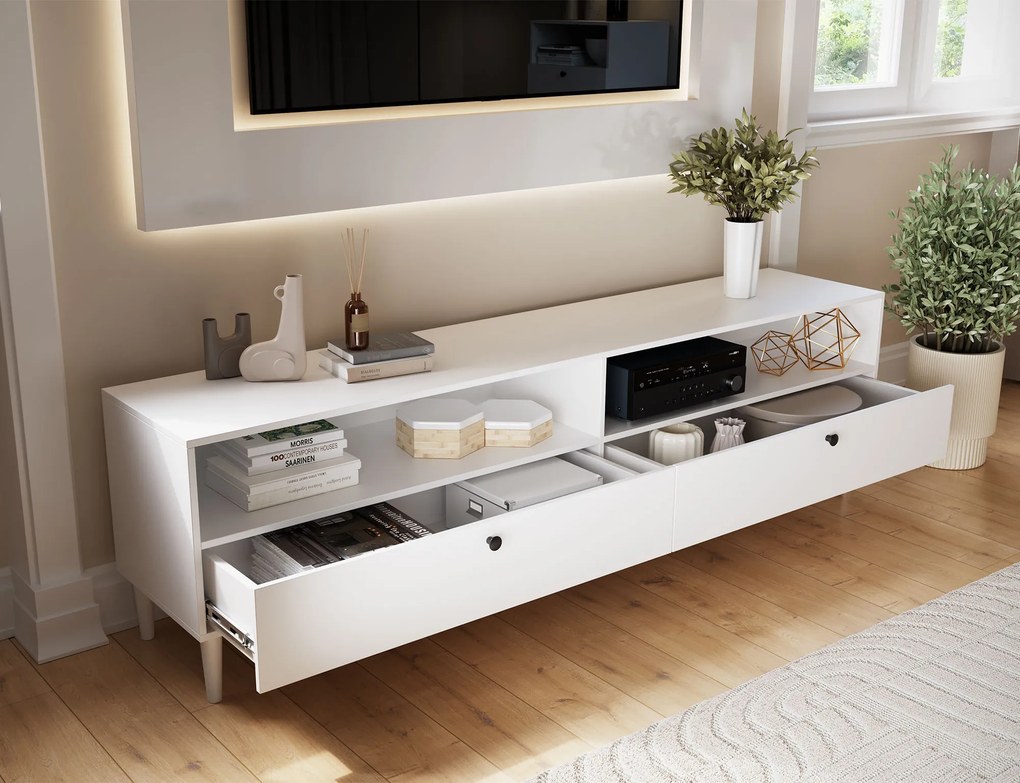TV állvány polccal és szekrényekkel DULLUM 200x58cm, fehér