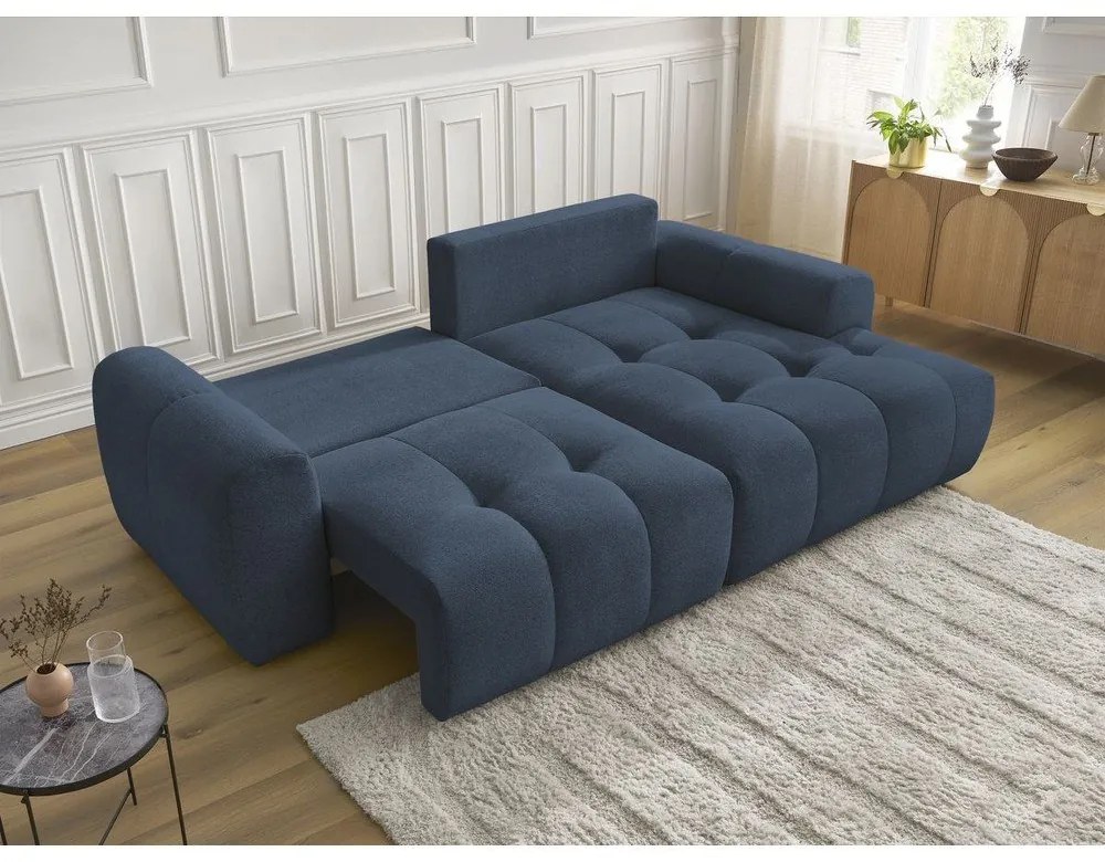 Kék zsenília kinyitható-tárolóhelyes sarokkanapé (jobb oldali-heverő résszel) Roxelane – Bobochic Paris