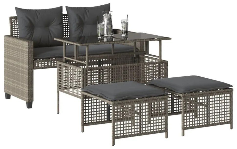 4 részes szürke polyrattan üveg kerti ülőgarnitúra párnákkal