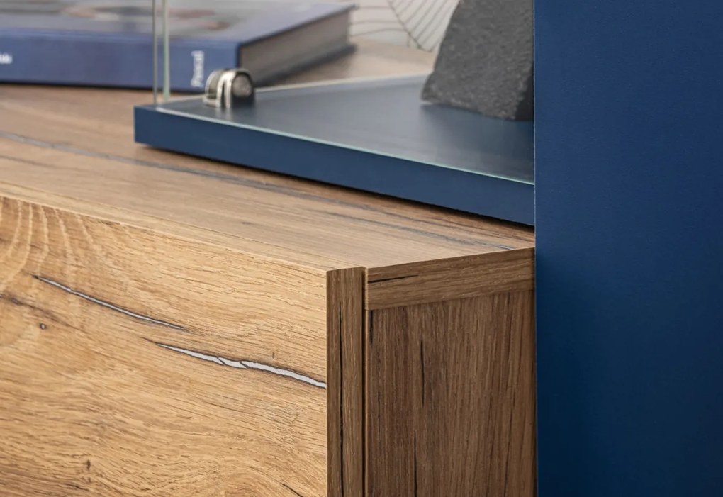 MARIONO nappali fal, 210x162x40, sötétkék/tölgy flagstaff