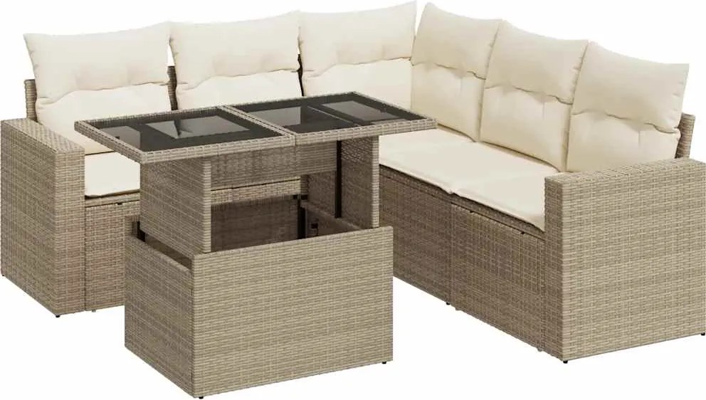 vidaXL 6 részes bézs polyrattan kerti ülőgarnitúra párnával