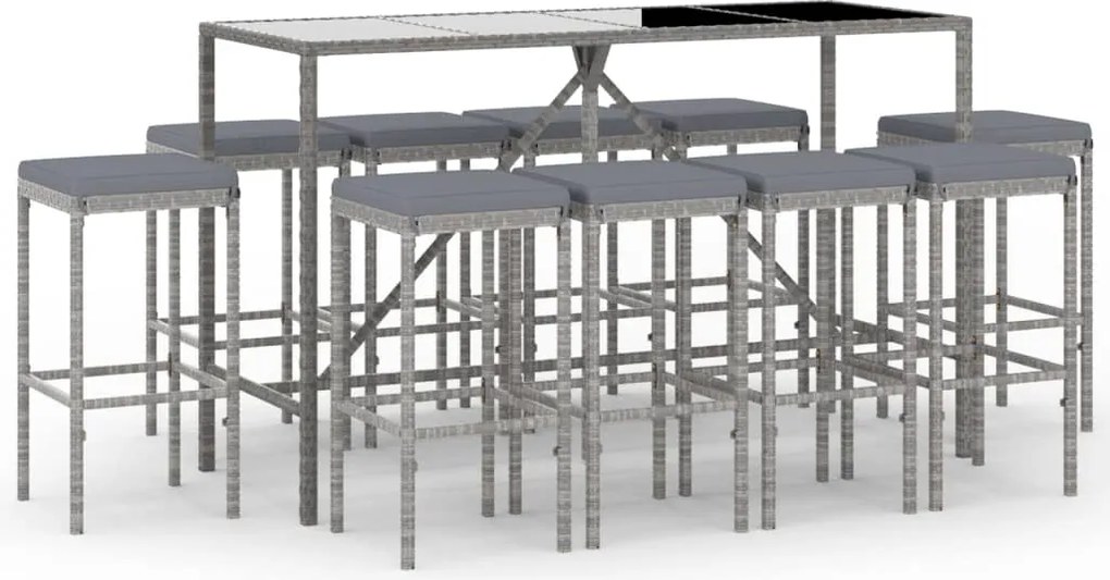 vidaXL 11 részes szürke polyrattan kerti bárszett párnákkal