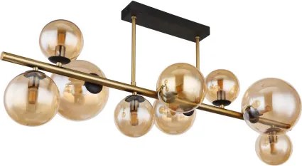 Globo 56135-9D Mennyezeti lámpa fém fekete matt, fém sárgaréz matt, üveg borostyán, HxSzxM.: 870x300x380mm, üveg méret 5X ø: 10 cm, 4X ø: 12 cm, 9x G9 LED 3.5W 230V, 80lm/fej 3000K, 10676 LED izzóval