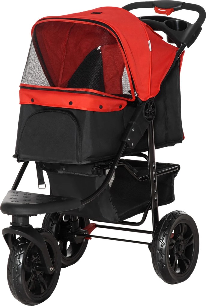 PawHut Összecsukható Kutyakocsi Kisméretű Kutyák Számára 3 Kerekes Fém Ablakok, Kosár és Biztonsági Pántok, Teherbírás: 25 kg, Méret: 109.5x57.5x106.5