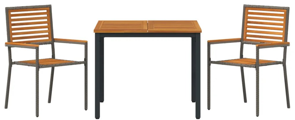3 darabos Kerti Étkezősor Szürke Poli Rattan Akáccal, Összerakható Kerti Székek Párnákkal 2 db Szürke Poli Rattan, Kerti Asztal 90x90x75 cm Tömör Akácfa és Fém