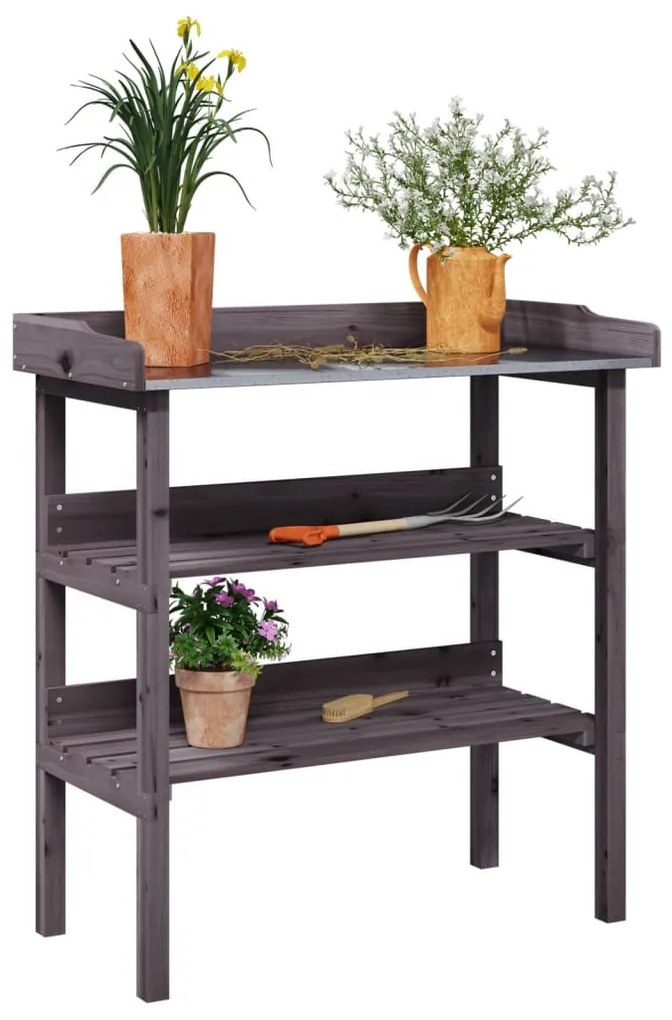 szürke tömör fenyőfa növénytartó asztal polcokkal 78x38x82,5 cm