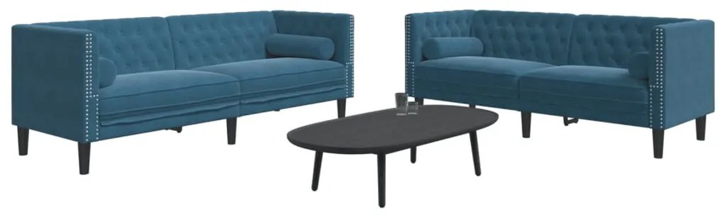 2 részes kék bársony Chesterfield kanapészett hengerpárnákkal
