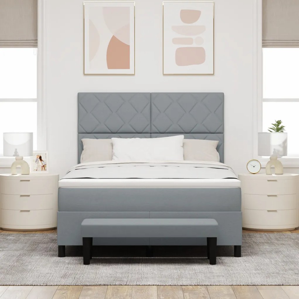 Boxspring ágy matraccal és pad állványos világosszürke 140x200 cm szövet