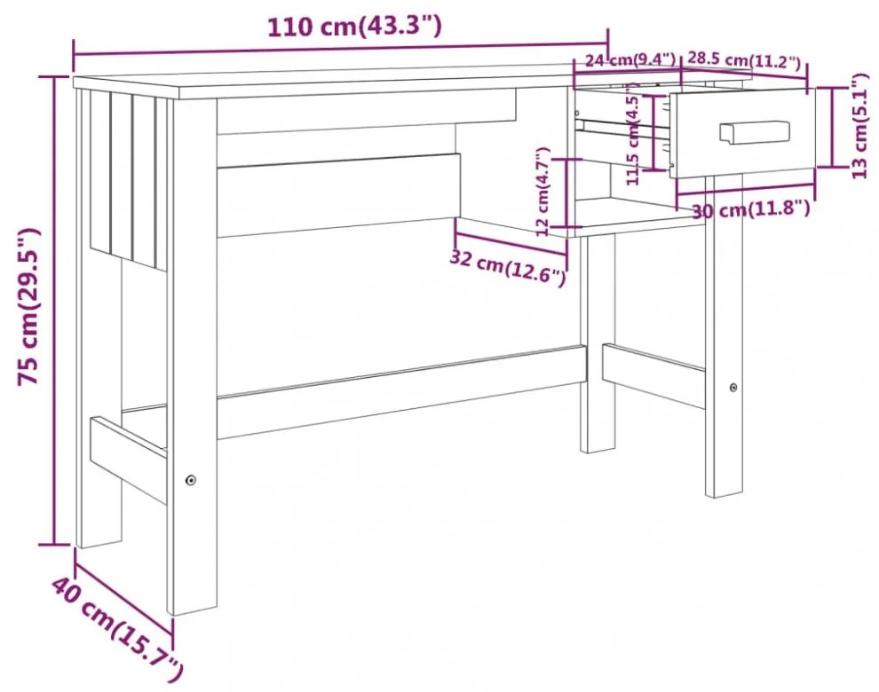 HAMAR sötétszürke tömör fenyőfa íróasztal 110 x 40 x 75 cm