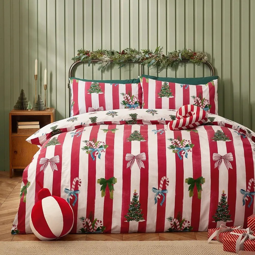 Piros-fehér egyszemélyes ágyneműhuzat 135x200 cm Christmas Stripe – Catherine Lansfield