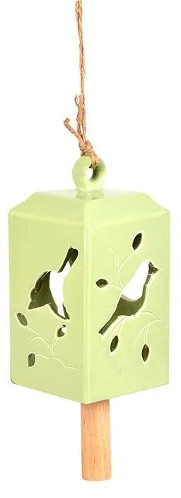 Madaras kerámia szélcsengő, mentazöld