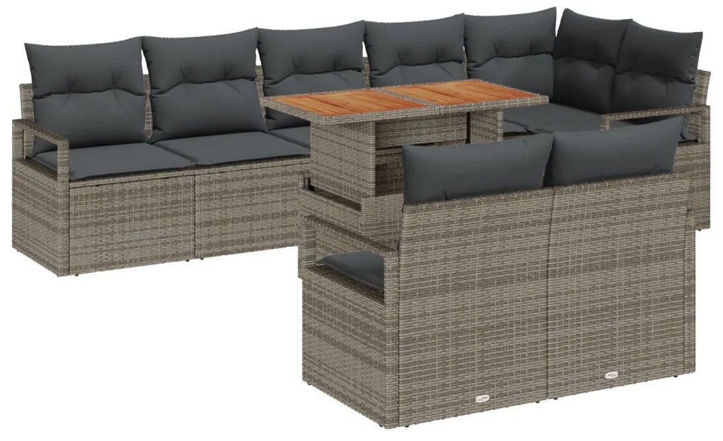 9 darabos Kert Sofa Szett Párnákkal Szürke Polirattan Akácia, 2-Fős Kert Sofa Párnákkal Szürke Polirattan