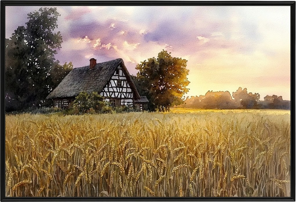 Poszter Keret Alumínium Tájkép Szabadtéri Ház Gabona Mező Kalászok Nyár 60x40