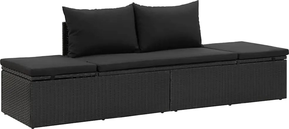 vidaXL fekete polyrattan napozóágy párnákkal
