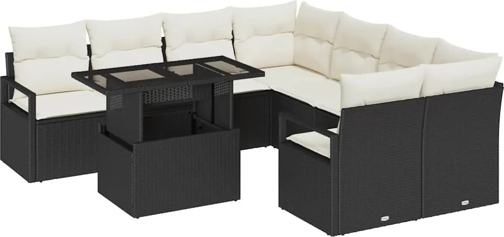 vidaXL Kerti Kanapé Szett tárolóval 9 pcs Fekete és Krém polirattan