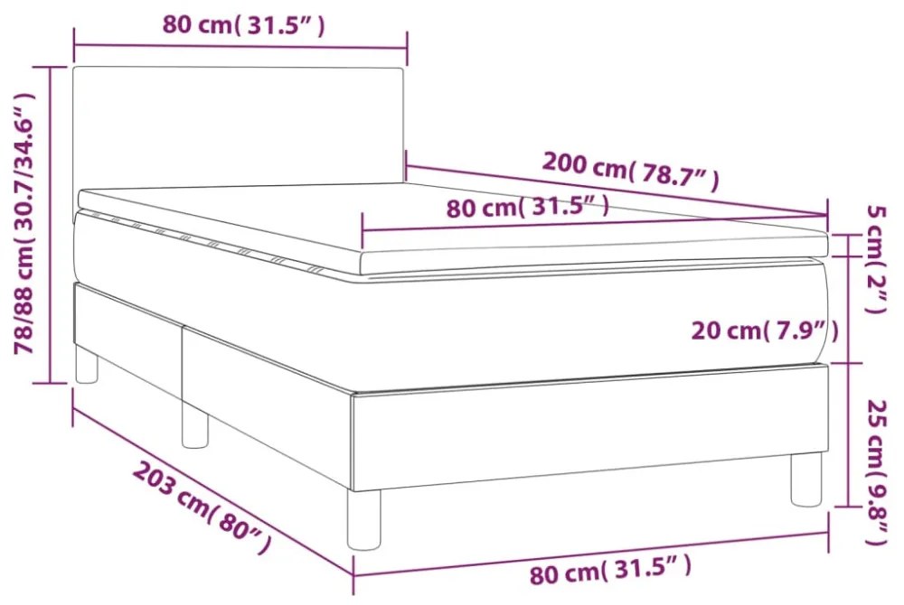 sötétkék bársony rugós és LED-es ágy matraccal 80 x 200 cm