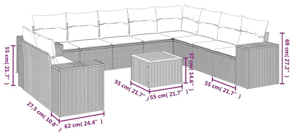 11 részes bézs polyrattan kerti ülőgarnitúra párnákkal