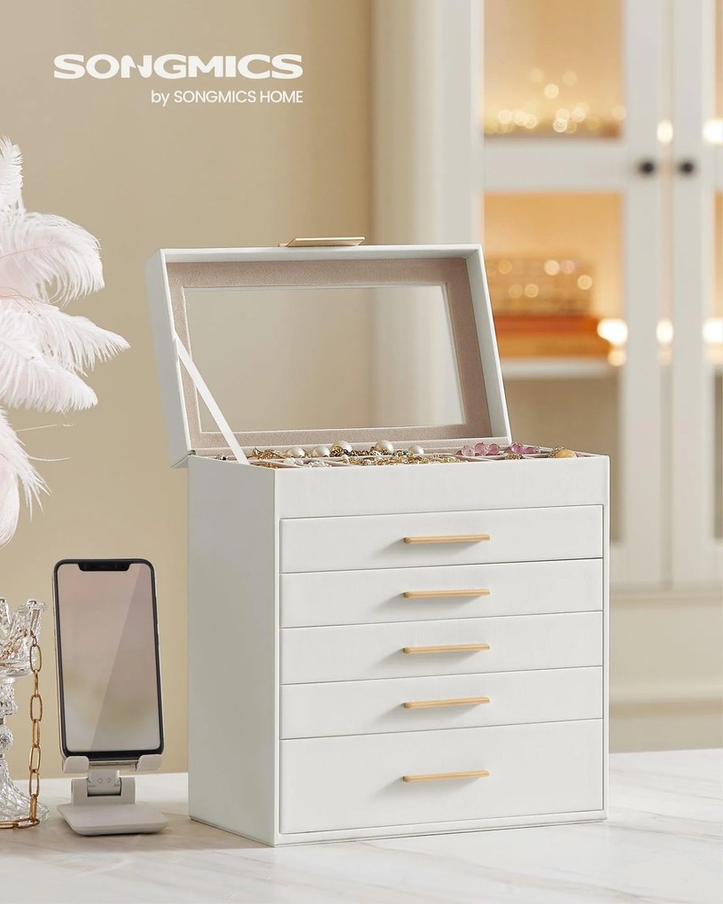 Üveglapos ékszerdoboz, 6 szintes, 5 fiókos, modern stílusban, fehér-arany