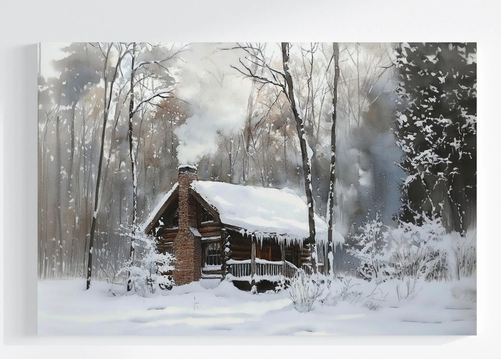 Vászonkép Canvas Tájkép Erdő Kunyhó Ház Hó Fagy Hófúvás Tél 60x40