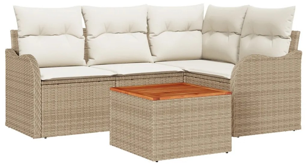 5 részes kerti sofa szett párnákkal bézs poli rattan akáccal, 2 személyes kerti sofa párnákkal bézs poli rattan