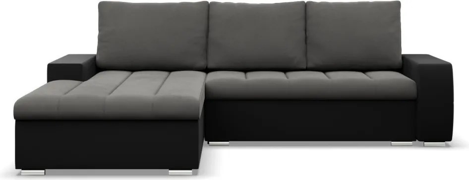 Toronto sarokkanapé, 2 ágyneműtartóval, bársony + műbőr, baloldali, szürke - fekete