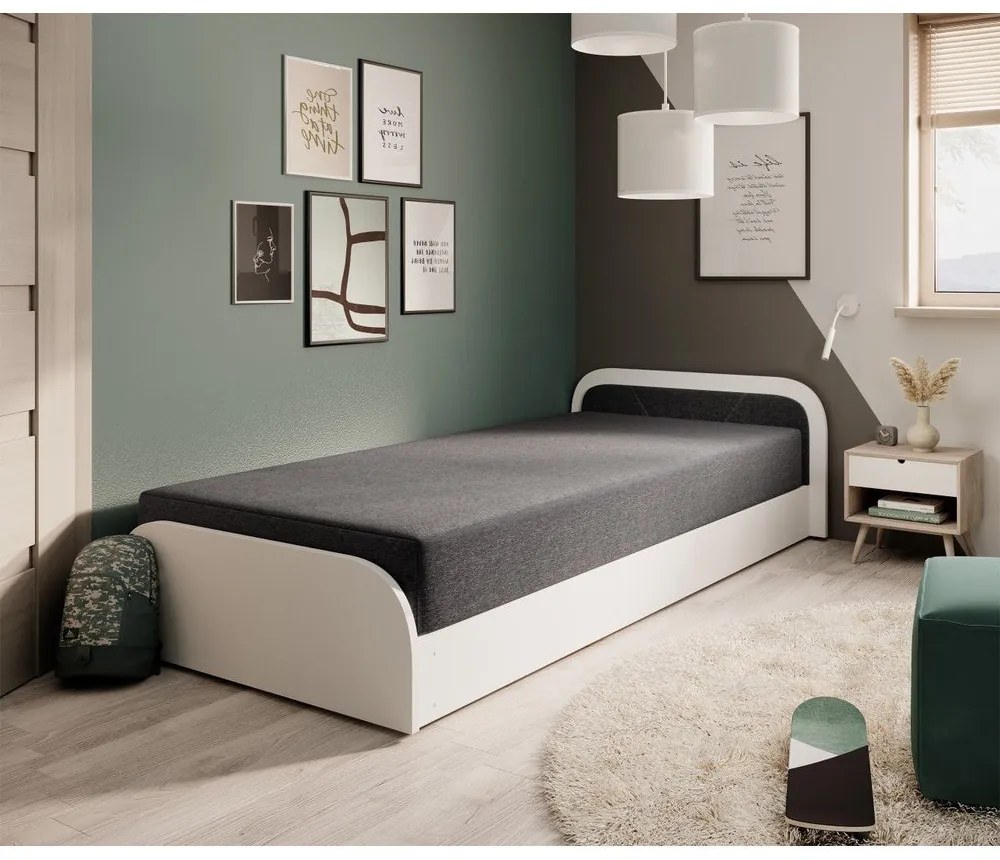 Fehér-sötétszürke kárpitozott-forgácslemez ágyneműtartós egyszemélyes ágy matraccal 80x190 cm Parys – ELTAP