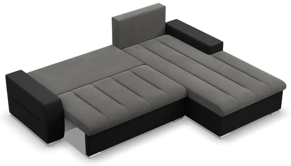 Toronto sarokkanapé, 2 ágyneműtartóval, bársony + műbőr, jobboldali, szürke - fekete