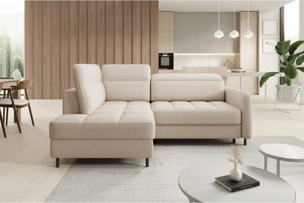 Bézs bársony kinyitható-tárolóhelyes sarokkanapé (bal oldali-L alakú) Barea – ELTAP