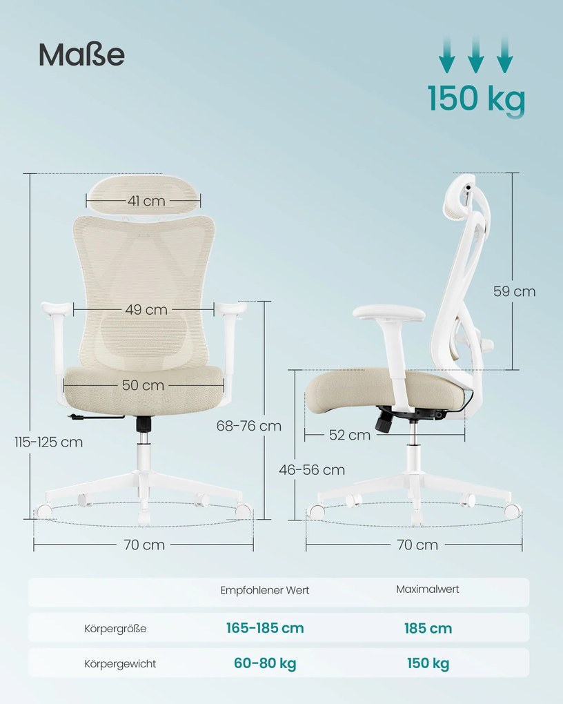 SONGMICS ergonomikus irodai szék, magasságállítható, fehér-bézs