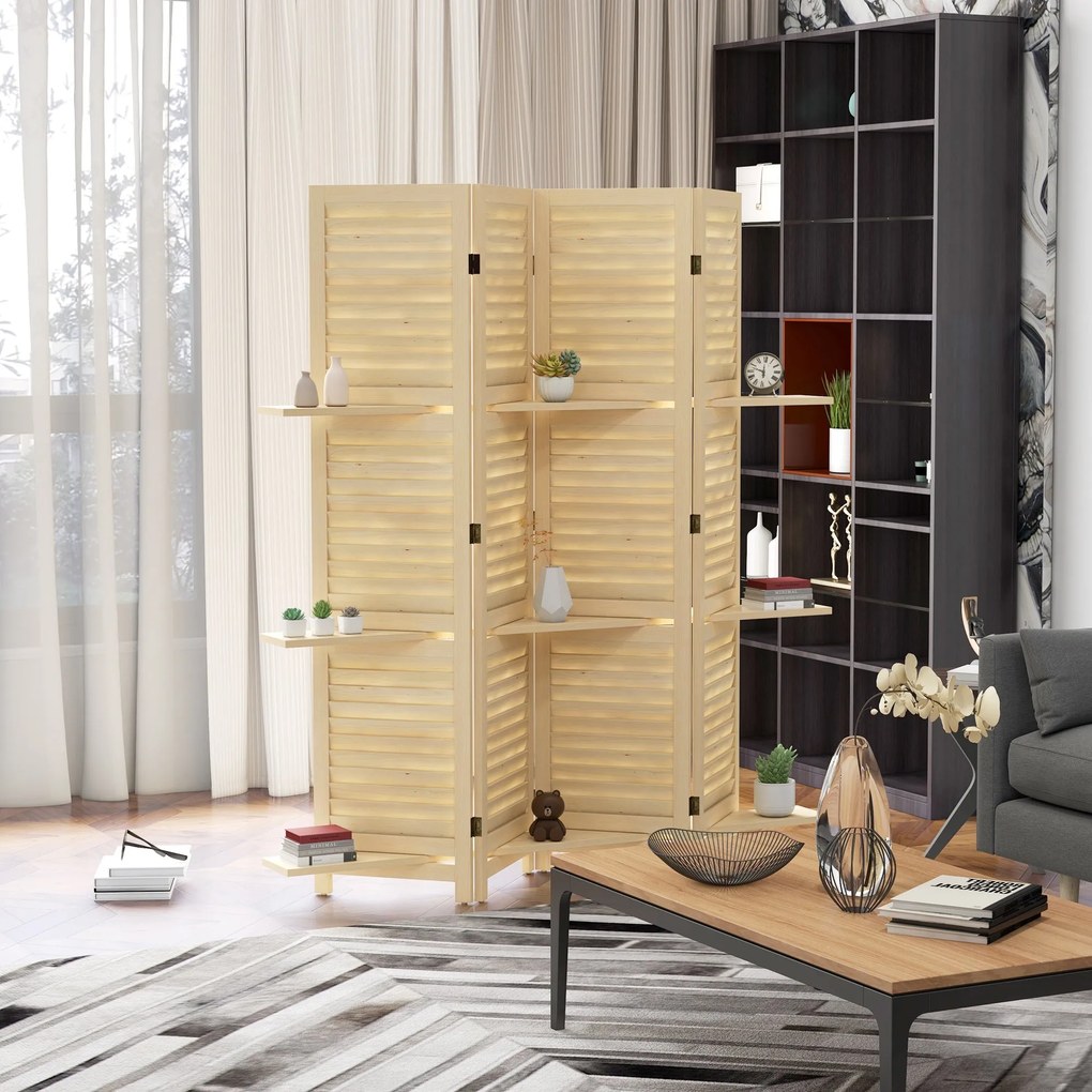 HOMCOM Benti Szobai Elválasztó 4 Panel 160L x 170H cm 3 Összecsukható Polccal Rácsos Ajtókkal Természetes Paulownia Fából | Aosom